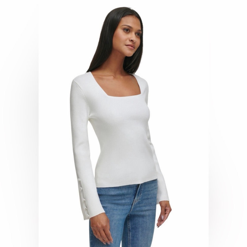 Calvin Klein Women's White Ribbed Square-Neck and Flared-Sleeve Top NWT